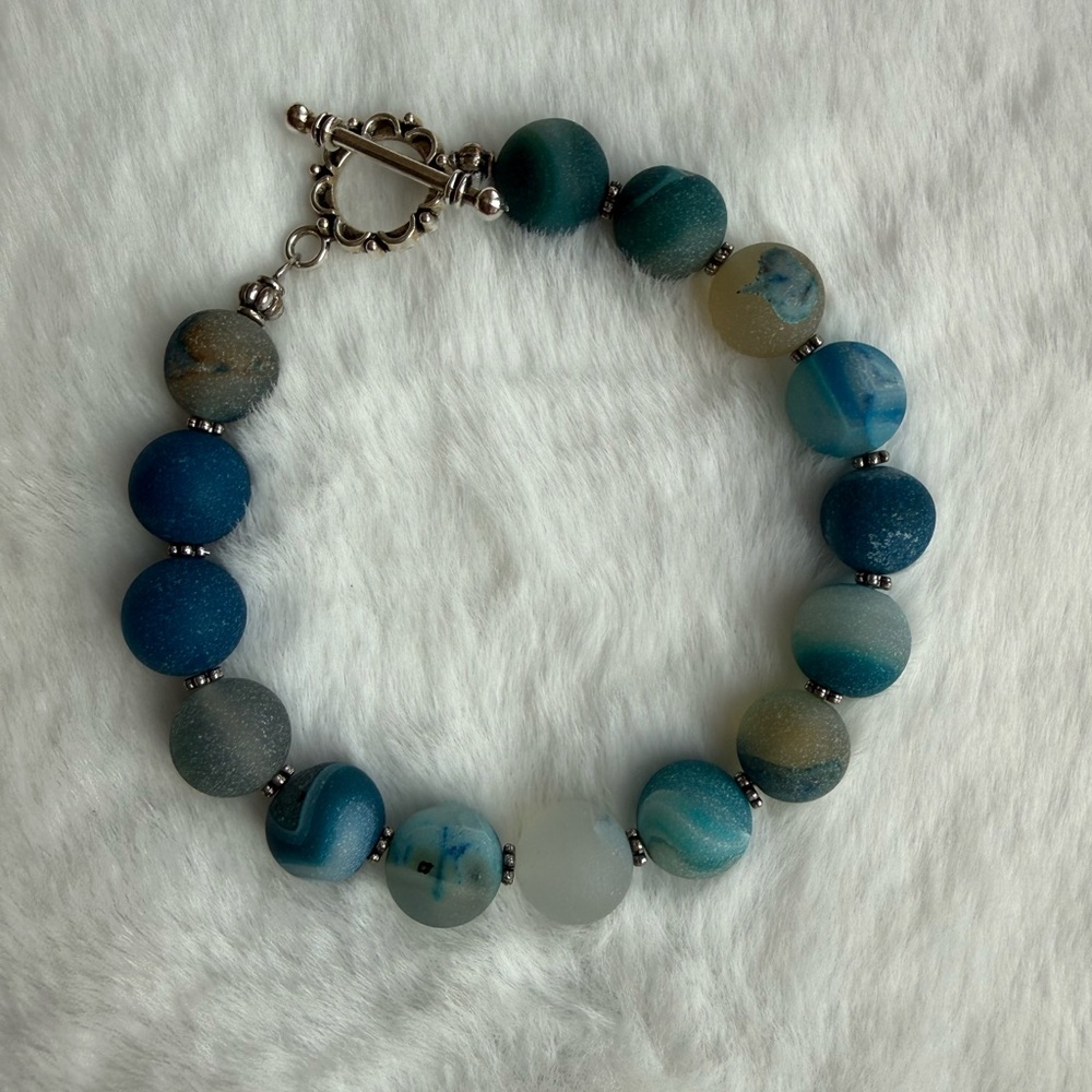 Elegant Blue Agate Beaded Bracelet Using Semi Precious Gemstones w Toggle Clasp